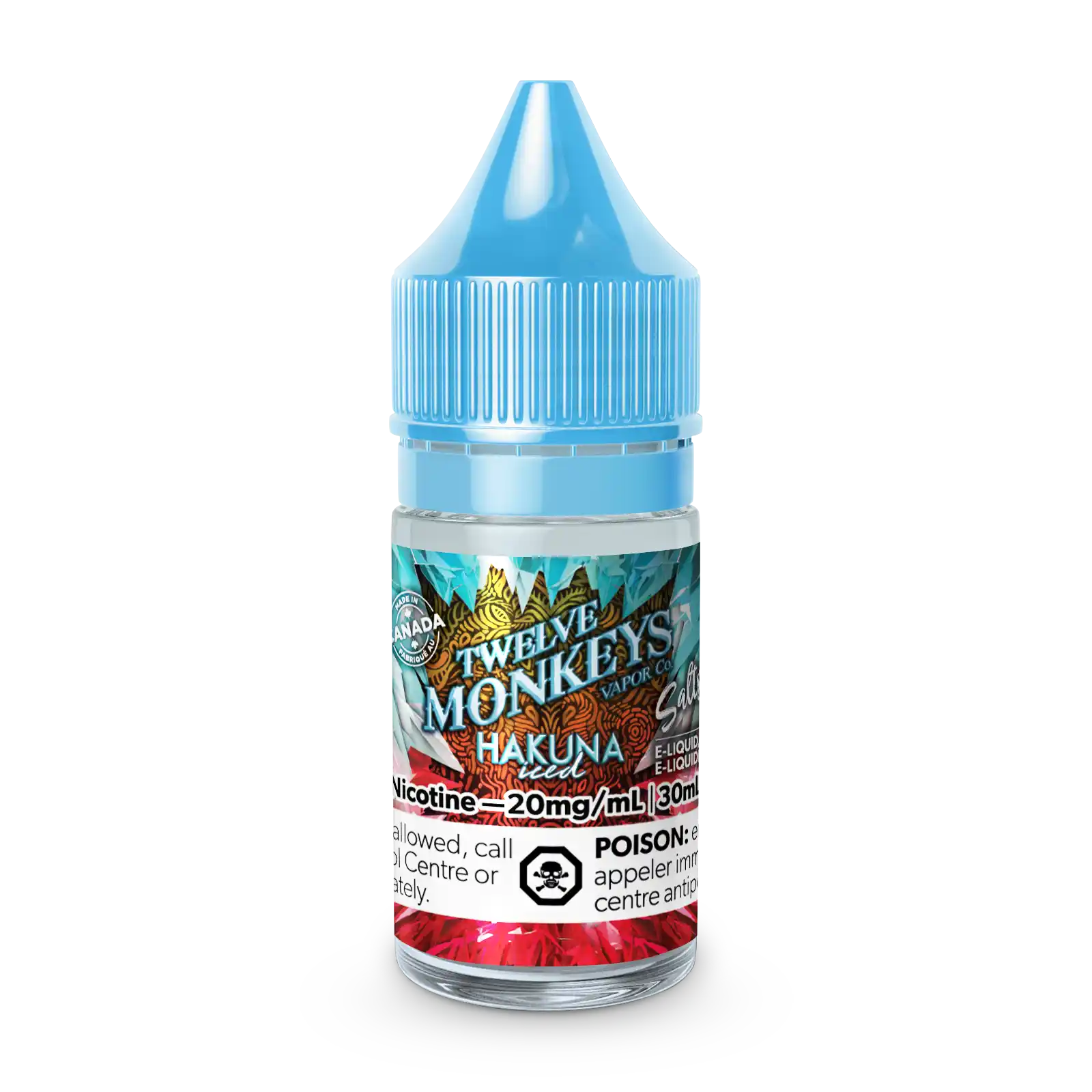 Twelve Monkeys Hakuna Iced 30ml e-liquid bottle with blue cap and vibrant jungle-themed label.
