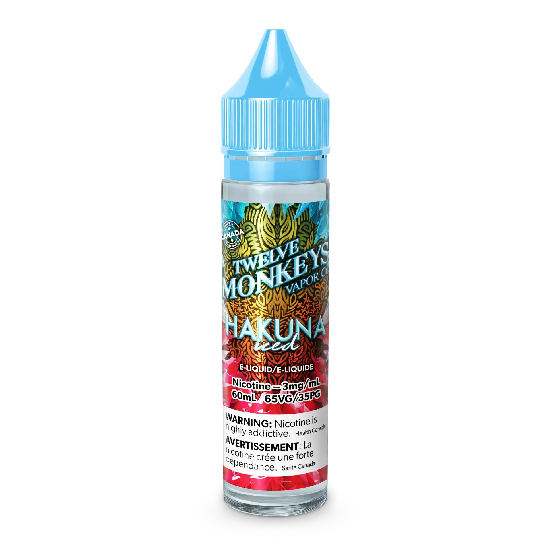 Twelve Monkeys Hakuna Iced 60mL e-liquid bottle with a blue cap and tropical-themed label.
