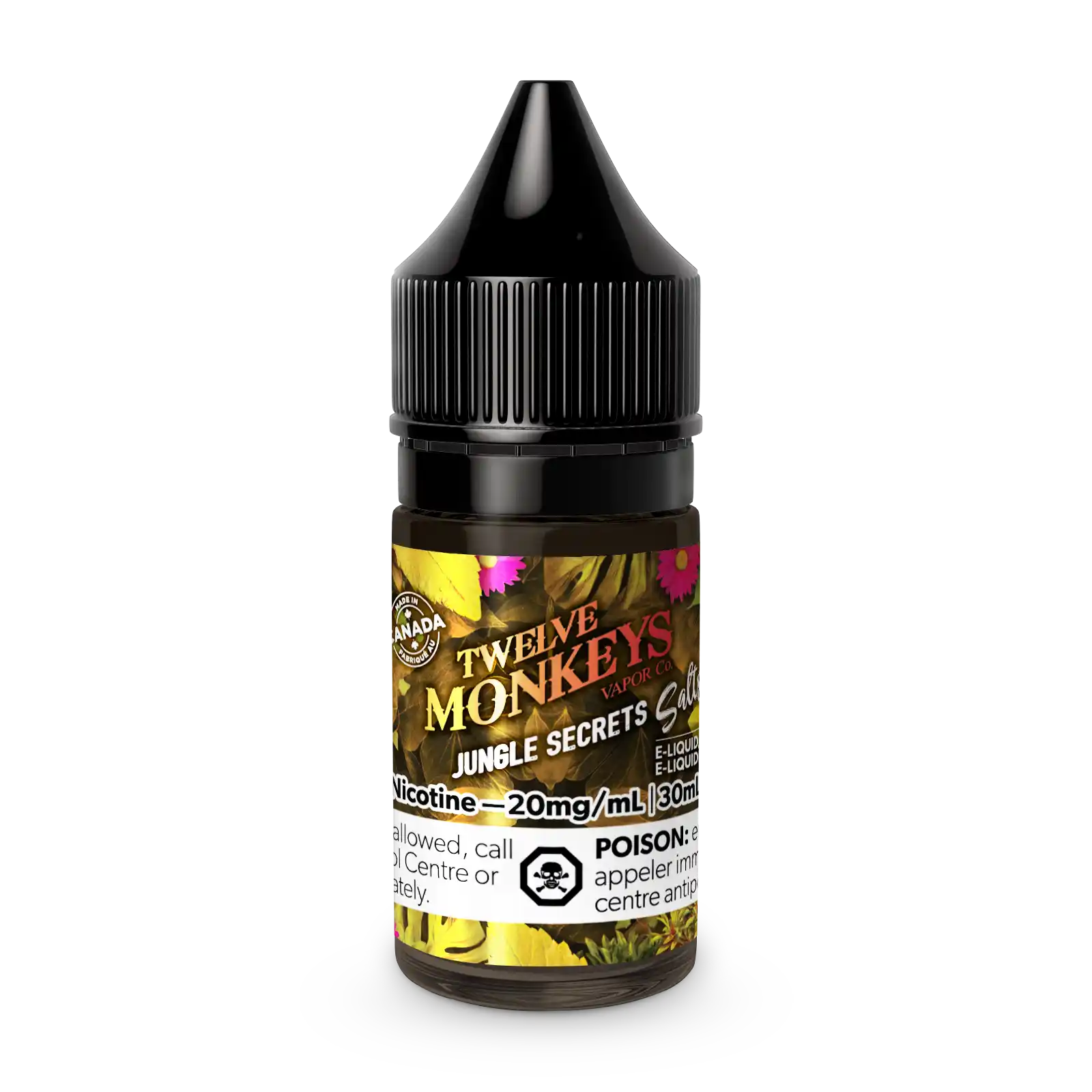 Twelve Monkeys Jungle Secrets Salt 30mL e-liquid bottle with black cap and tropical leaf label.