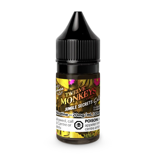 Twelve Monkeys Jungle Secrets Salt 30mL e-liquid bottle with black cap and tropical leaf label.