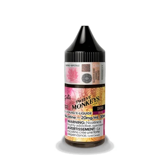 Twelve Monkeys Shoku Salt E-Liquid 30mL bottle with black cap and colorful raspberry, strawberry, passion fruit label.