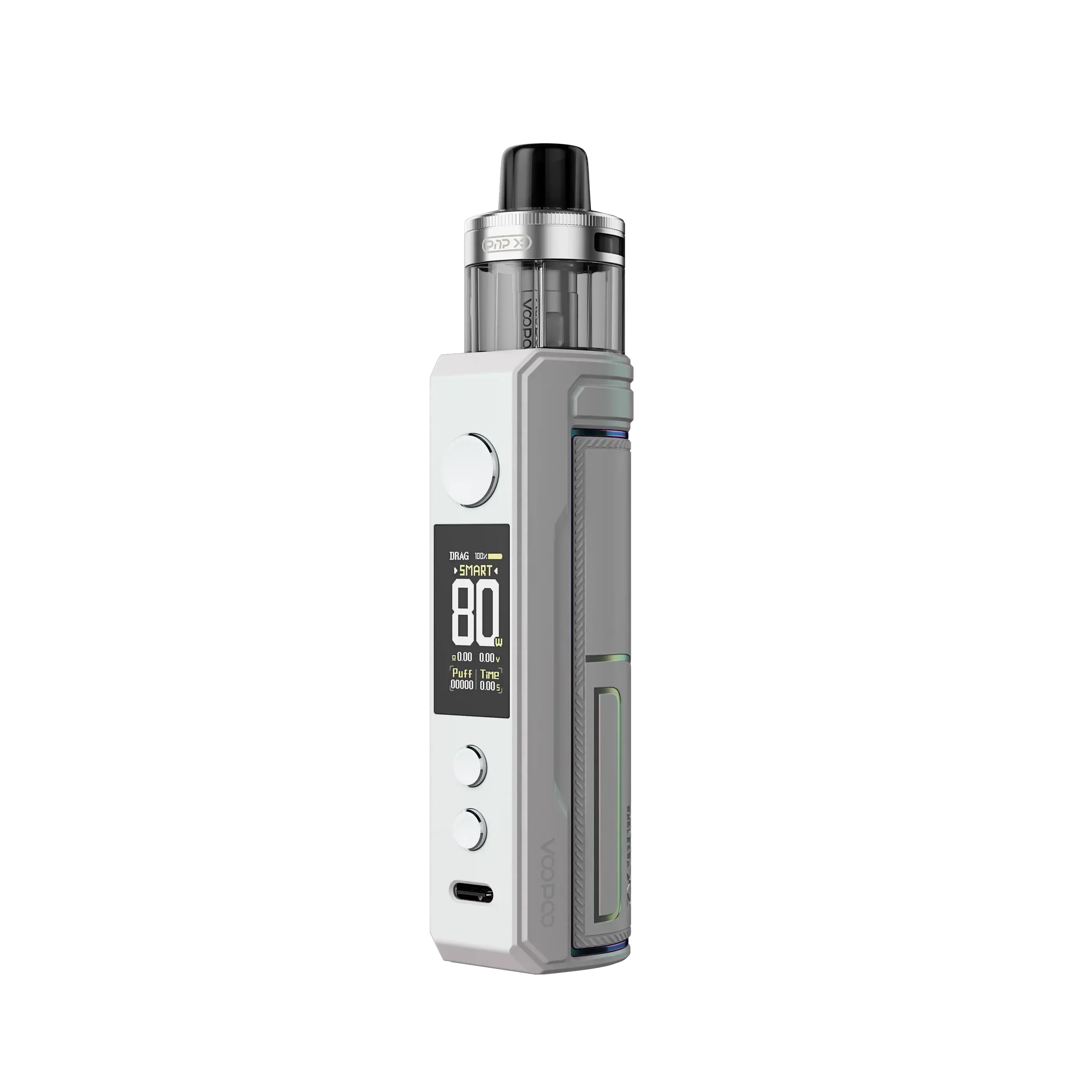 Voopoo Drag X2 Mod Pod Kit in light gray and silver with a clear pod, screen displaying "80W".