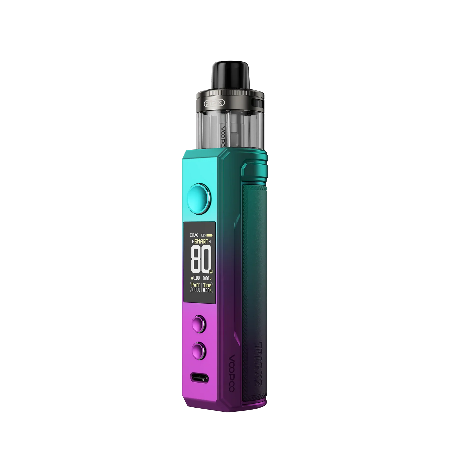 Voopoo Drag X2 Mod Pod Kit 80W with a teal to purple gradient finish, black pod, and screen displaying "80W".