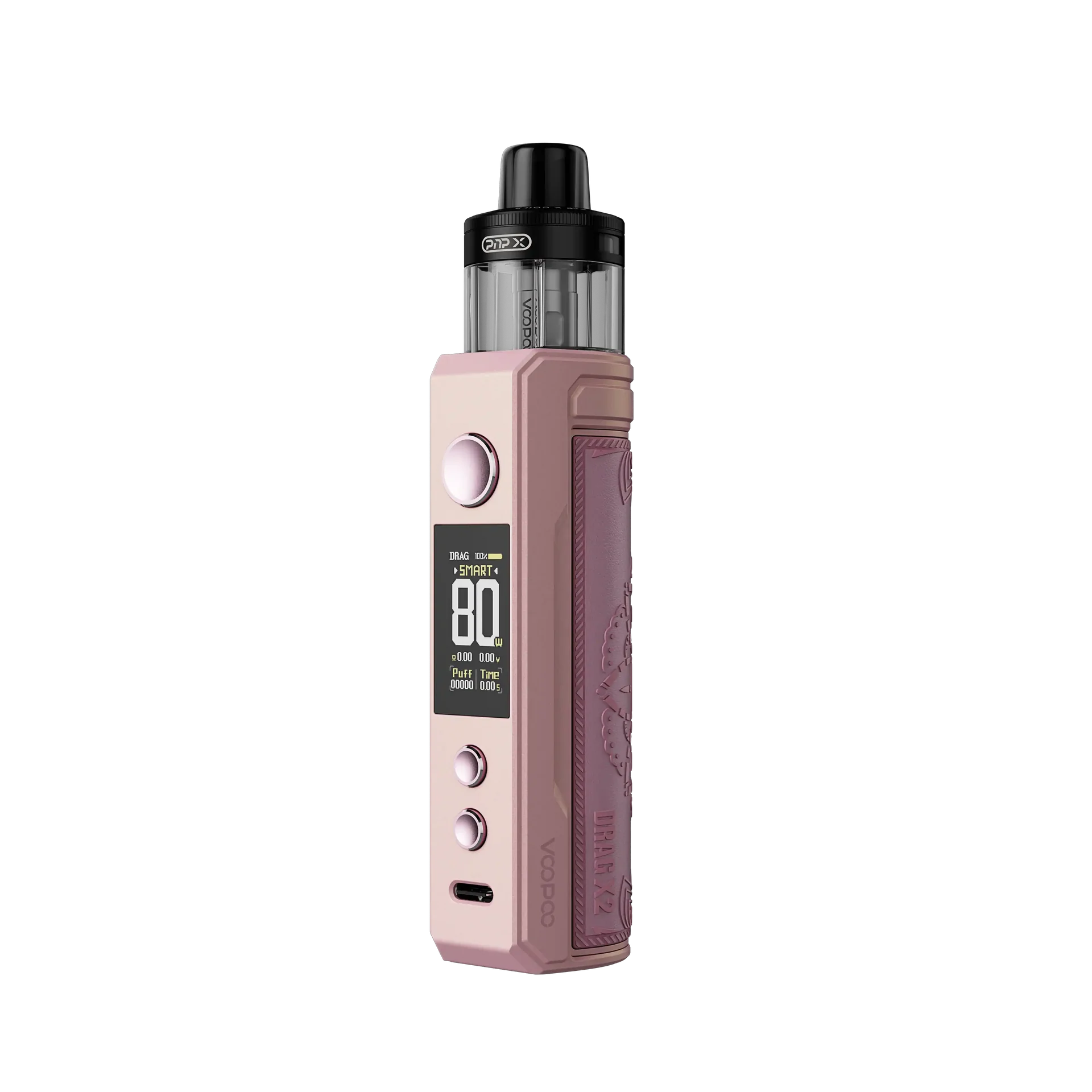 Voopoo Drag X2 Mod Pod Kit in pink with a clear pod, screen, and embossed leather grip.