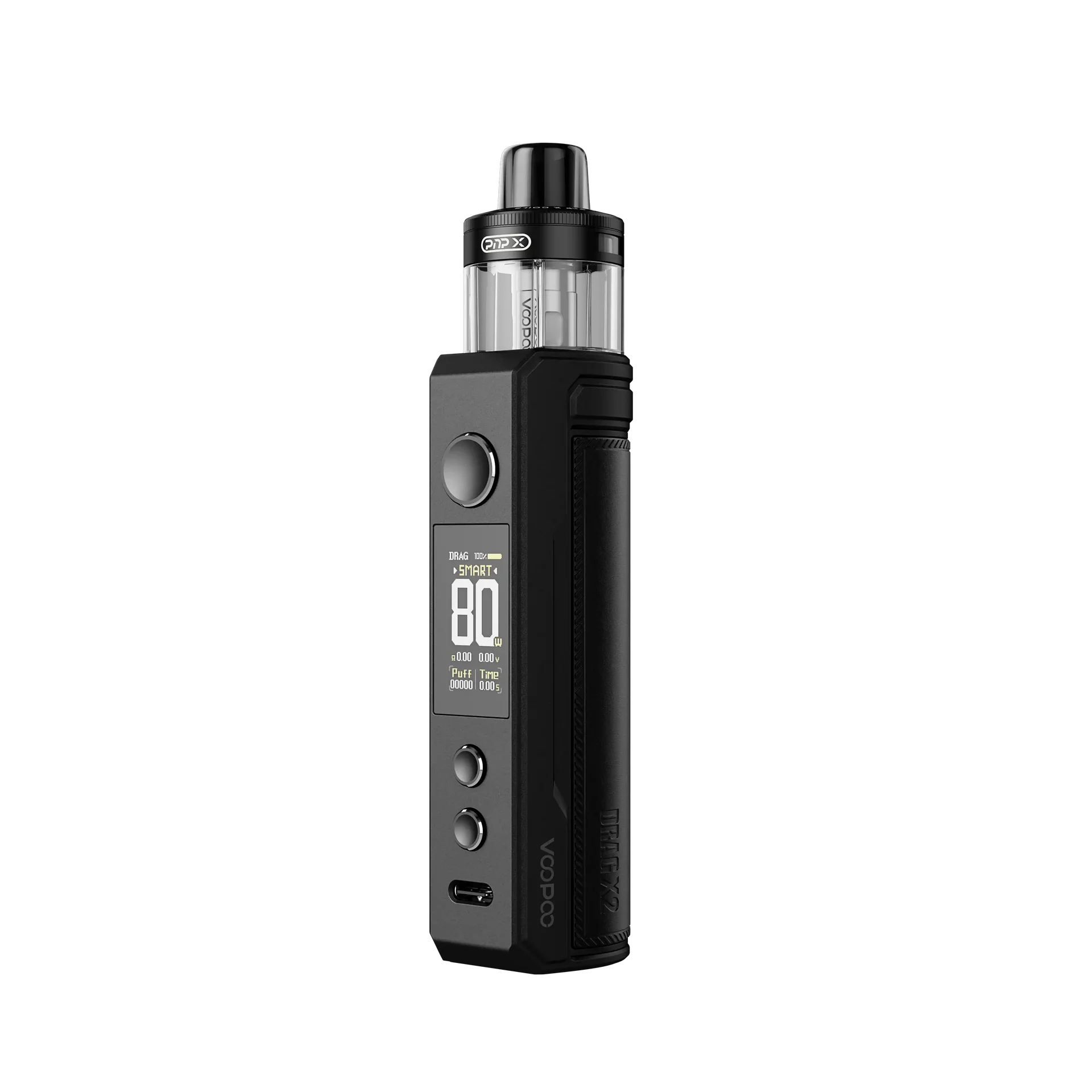 Voopoo Drag X2 Mod Pod Kit in black, featuring a clear pod, screen displaying 80W, and textured grip.