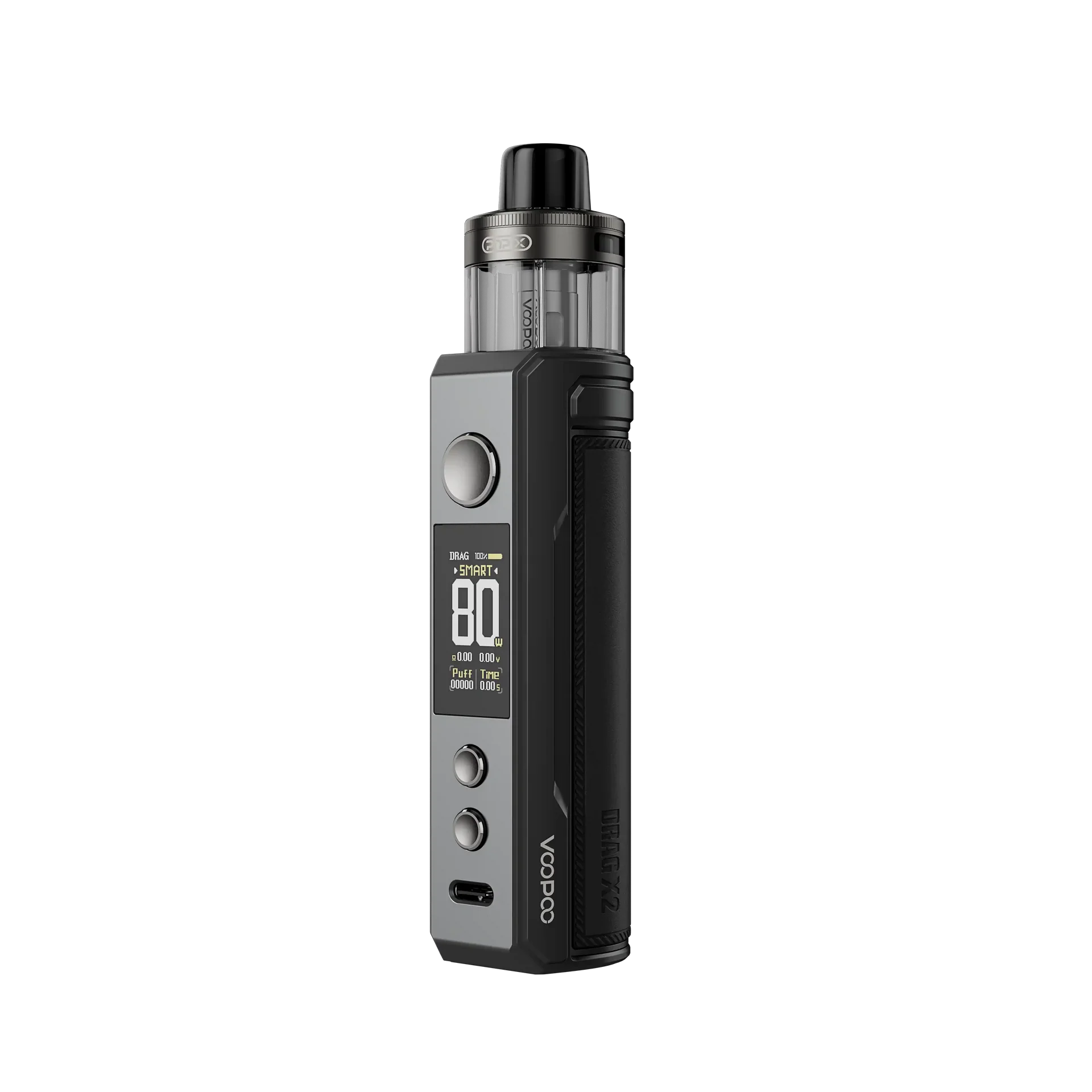 Voopoo Drag X2 Mod Pod Kit in dark grey and black leather, showing screen, buttons, and clear pod.
