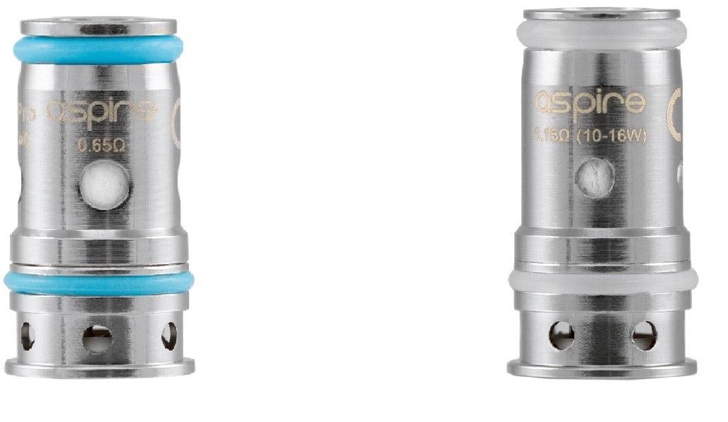 Two silver Aspire AVP Pro coils, one with a blue ring (0.65Ω) and one with a clear ring (1.15Ω).