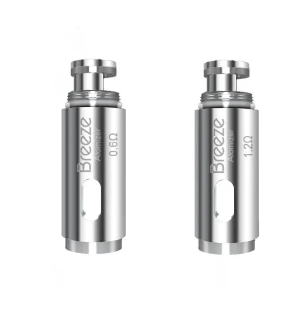 Two silver Aspire Breeze U-Tech atomizer coils, 0.6Ω and 1.2Ω, with clear e-liquid windows.