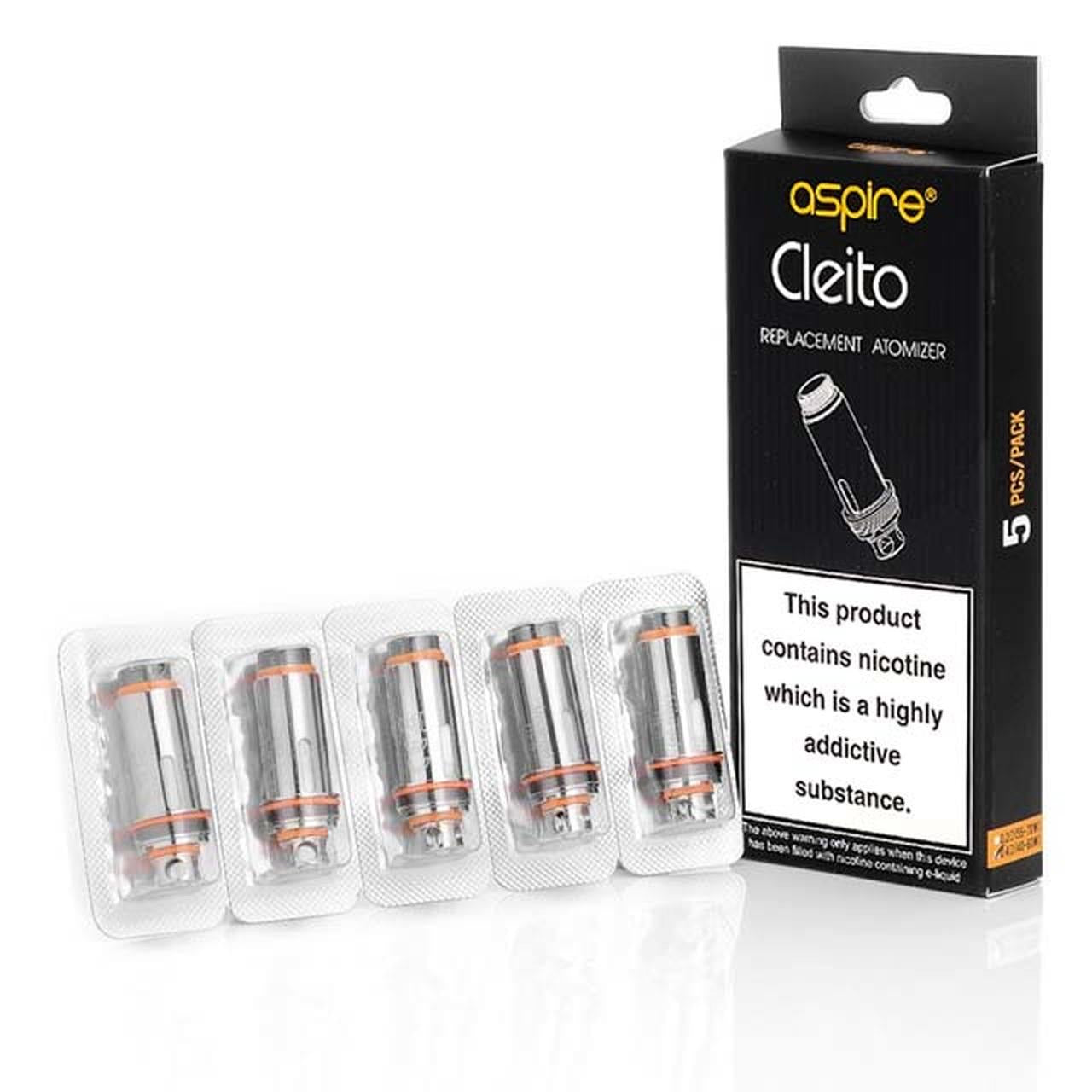 Aspire Cleito replacement atomizer coils, 5-pack, with black packaging and orange O-rings.