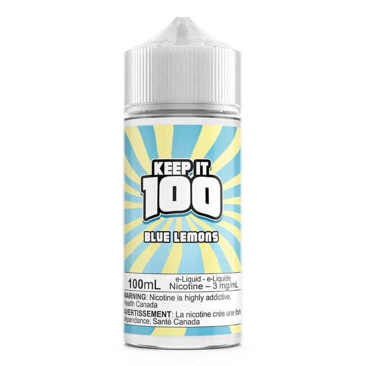 Keep It 100 Blue Lemons 100mL e-liquid bottle with blue and yellow sunburst label.