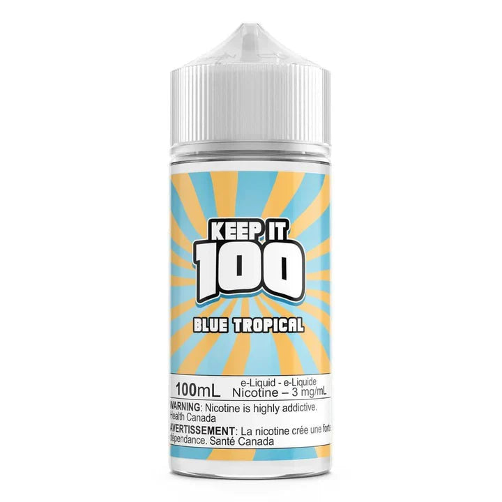 Keep It 100 Blue Tropical 100mL e-liquid bottle with blue and orange sunburst label.
