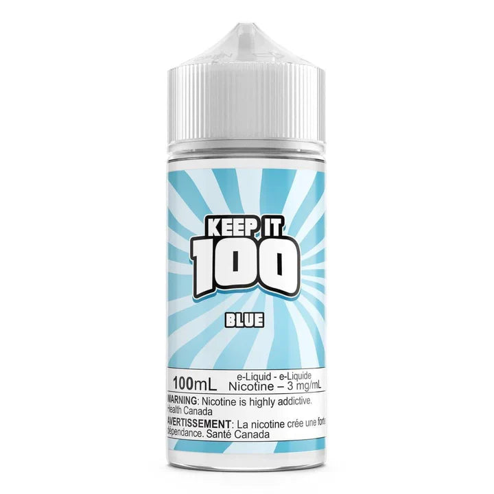 Keep It 100 Blue e-liquid, a 100mL white bottle with a blue and white sunburst label.