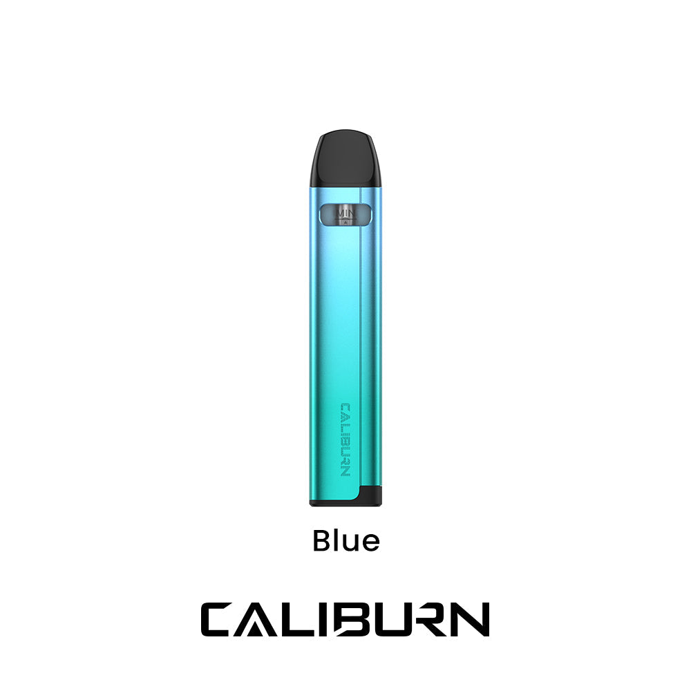 Uwell Caliburn A2S Pod Kit in blue, a sleek, slim vape with a black mouthpiece and "CALIBURN" branding.
