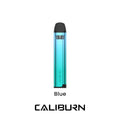 Uwell Caliburn A2S Pod Kit in blue, a sleek, slim vape with a black mouthpiece and "CALIBURN" branding.