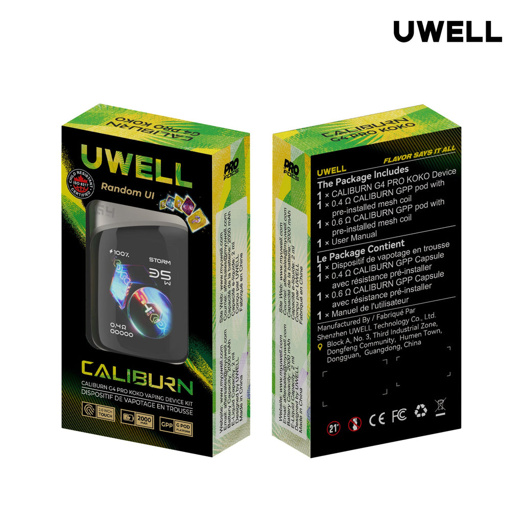 Uwell Caliburn G4 Pro Koko Pod Kit in green packaging, showing device features and package contents.
