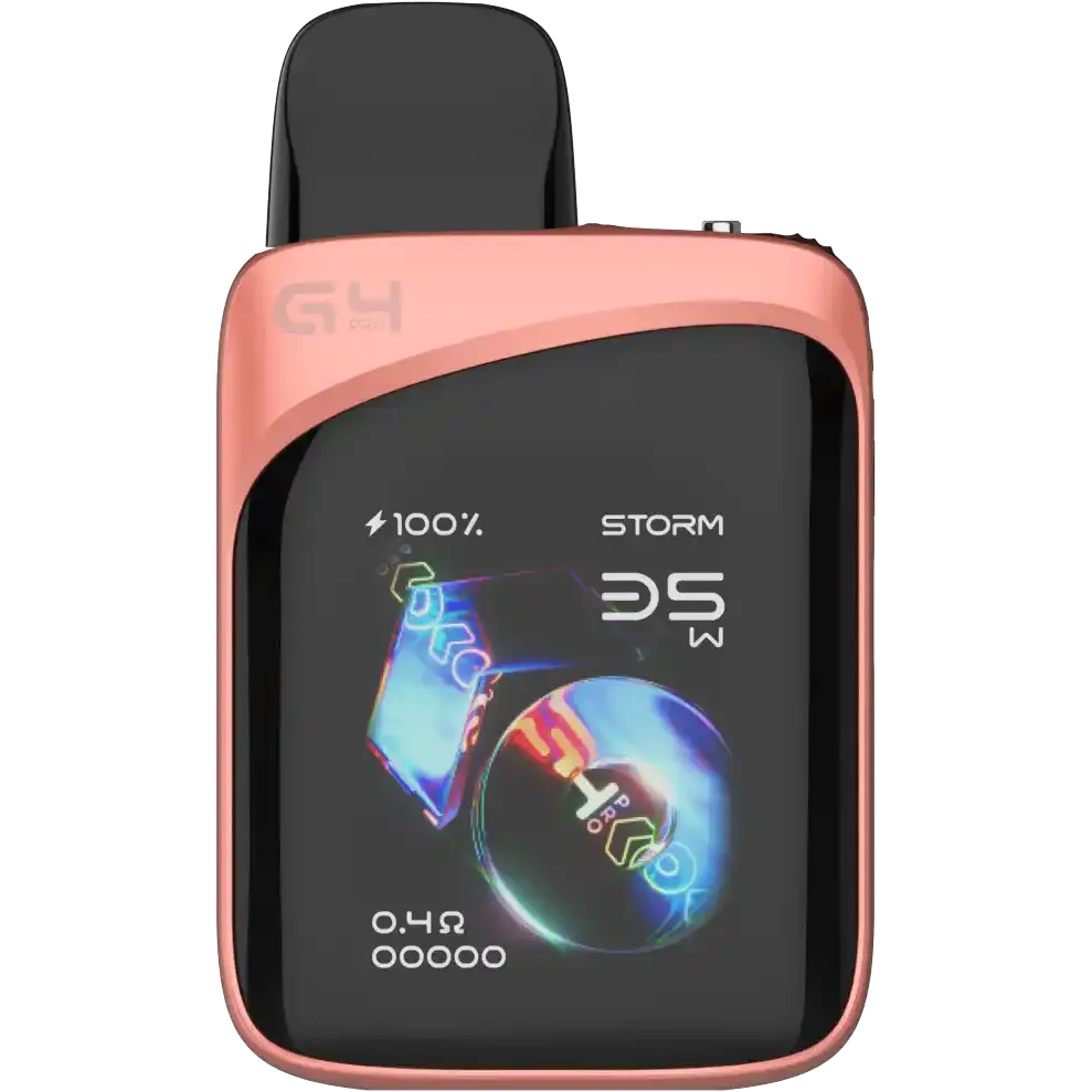 Uwell Caliburn G4 Pro Koko Pod Kit in rose gold with a black screen displaying "G4 Pro" and "Storm" text.