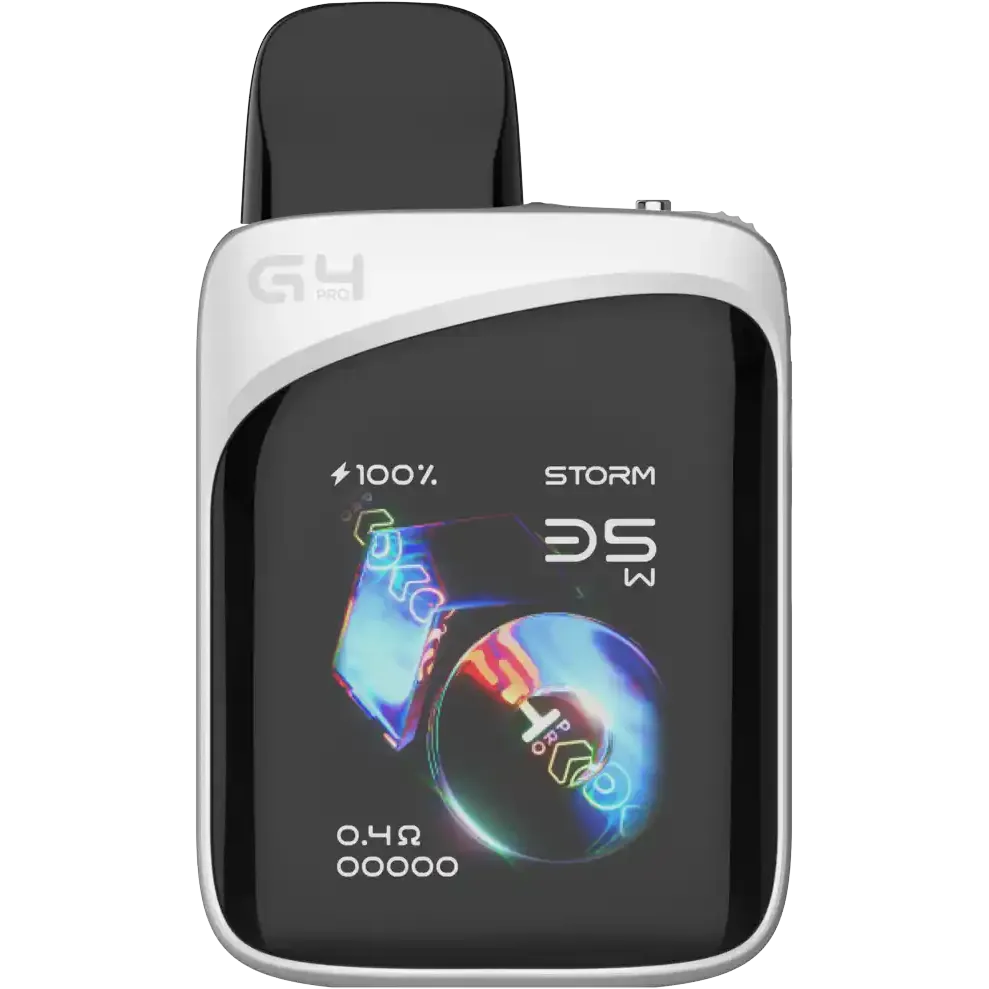 White and black Uwell Caliburn G4 Pro Koko Pod Kit with a vibrant digital display showing "STORM" and "0.4Ω".