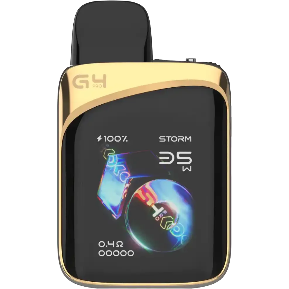 Black Uwell Caliburn G4 Pro Koko Pod Kit with gold trim and a vibrant digital display.