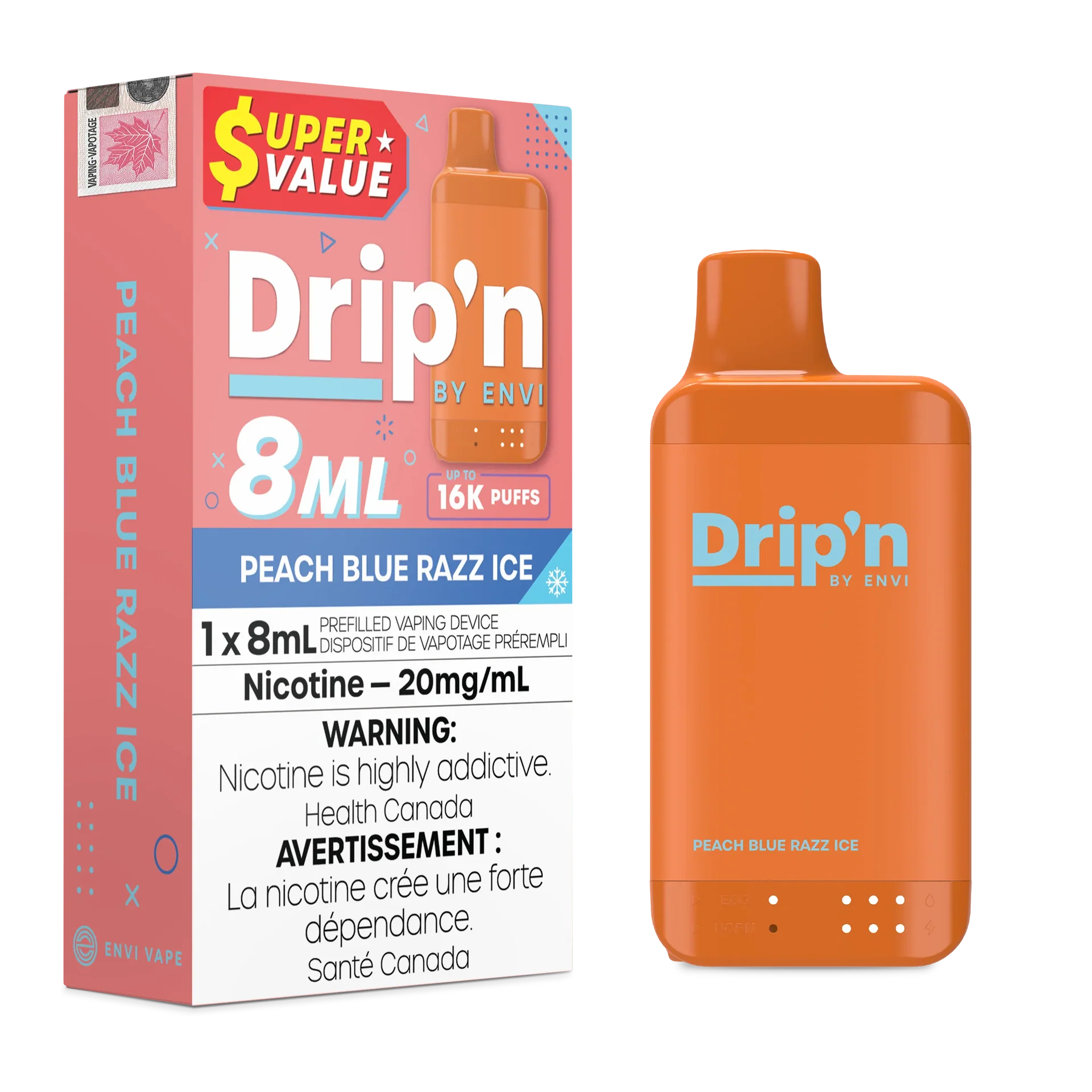 Peach Blue Razz Ice Drip'n by Envi 8ml - Disposable 16K by DRIP'N