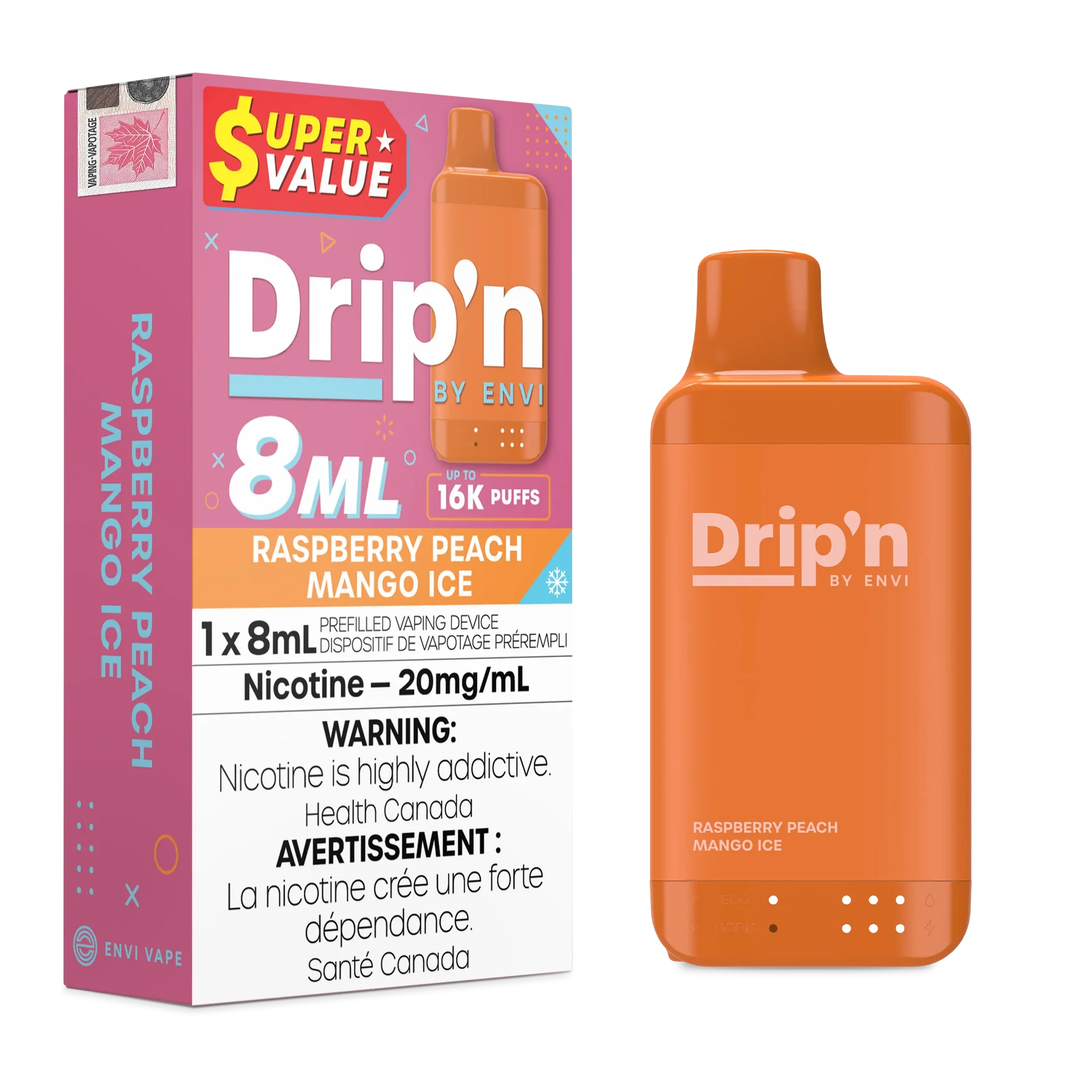 Raspberry Peach Mango Ice Drip'n by Envi 8ml - Disposable 16K by DRIP'N