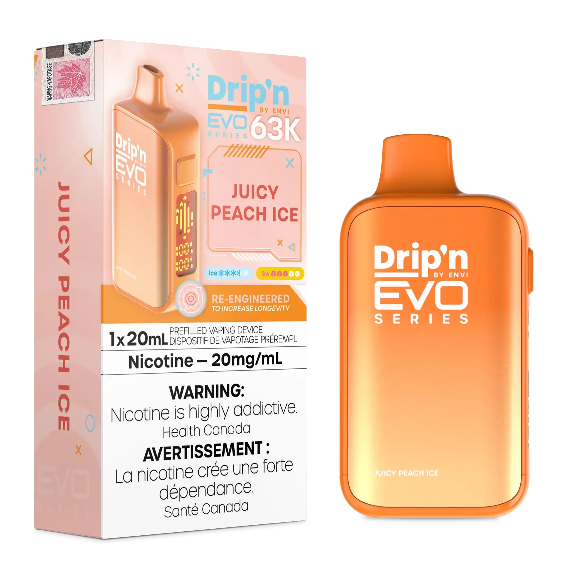 Juicy Peach Ice Drip'n by Envi EVO 63K - Disposable Vape by DRIP'N — view 1