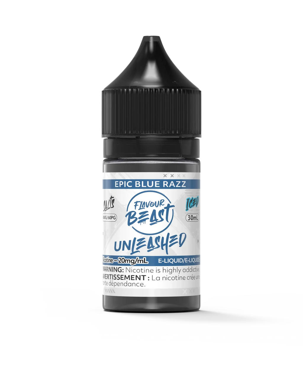 30ml Flavour Beast Unleashed Salt Epic Blue Razz e-liquid bottle with black cap and blue/white label.