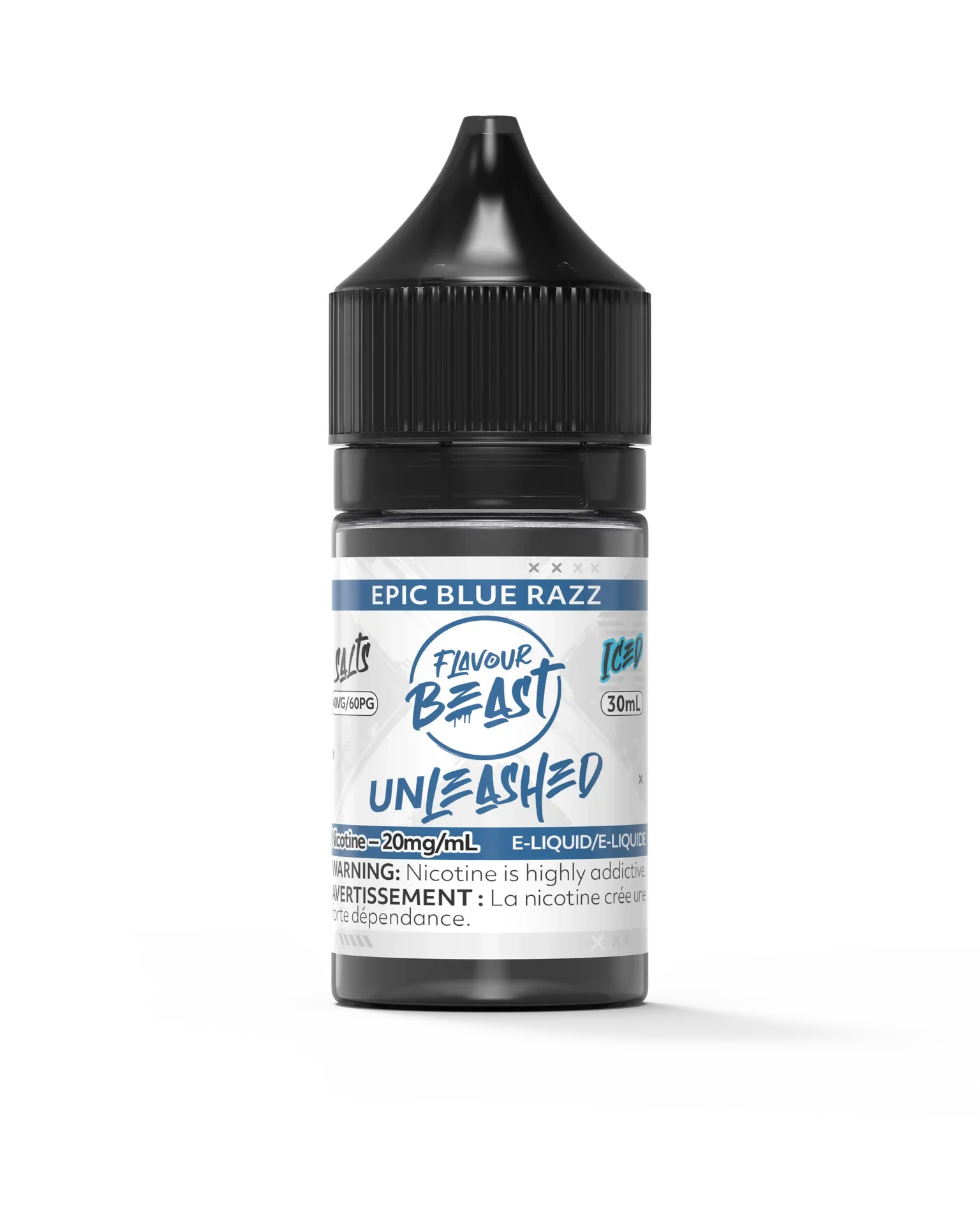 30ml Flavour Beast Unleashed Salt Epic Blue Razz e-liquid bottle with black cap and blue/white label.
