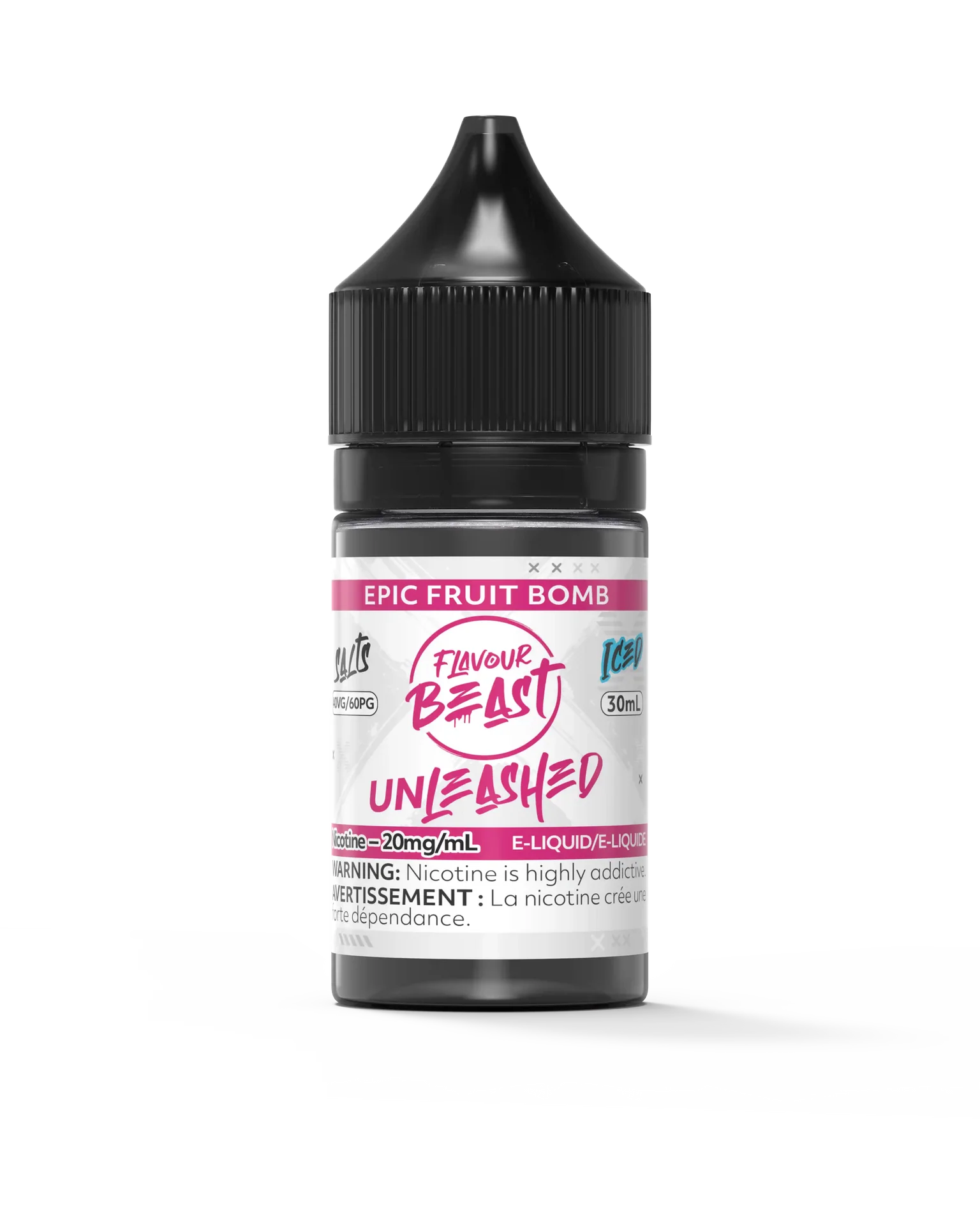 Flavour Beast Unleashed Salt Epic Fruit Bomb 30ml e-liquid bottle with black cap and pink label.