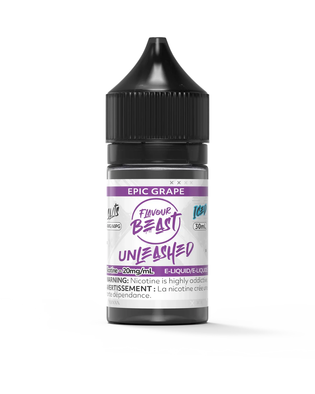 Flavour Beast Unleashed Salt Epic Grape 30ml e-liquid bottle with purple label and black cap.