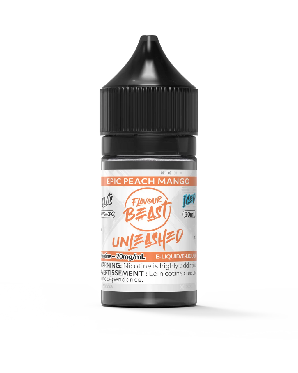 Flavour Beast Unleashed Salt Epic Peach Mango 30ml e-liquid bottle with black cap and orange label.