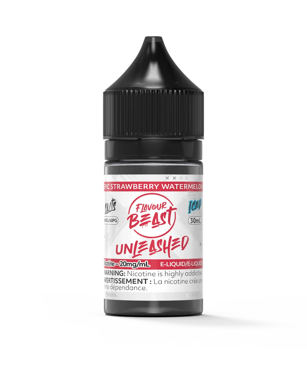 30ml Flavour Beast Unleashed Salt e-liquid bottle with black cap, white label, and red "Epic Strawberry Watermelon" text.
