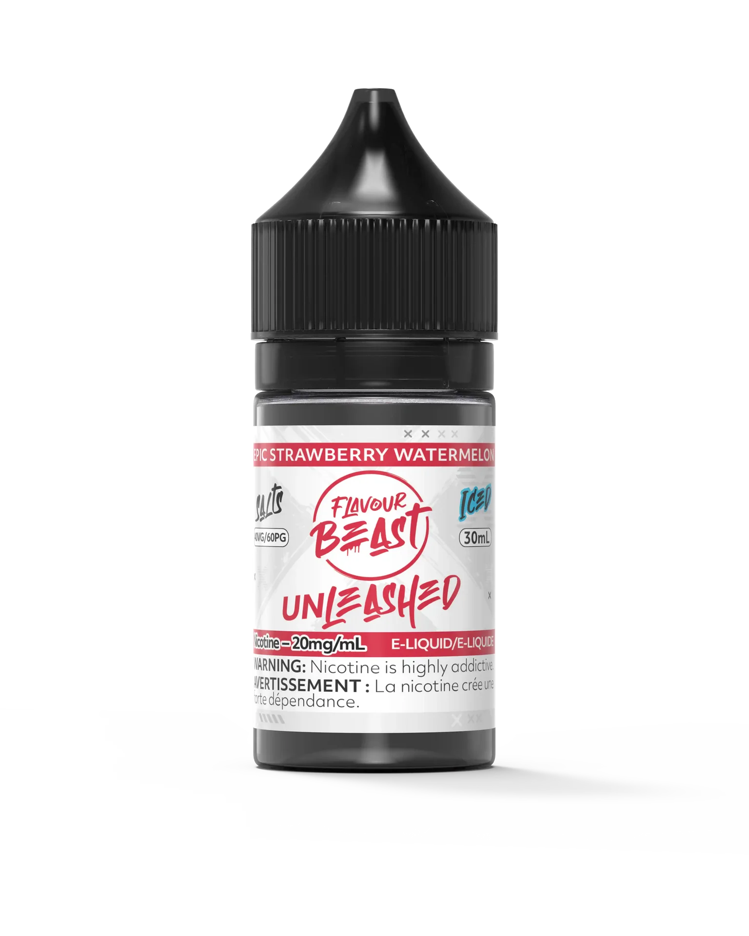 30ml Flavour Beast Unleashed Salt e-liquid bottle with black cap, white label, and red "Epic Strawberry Watermelon" text.