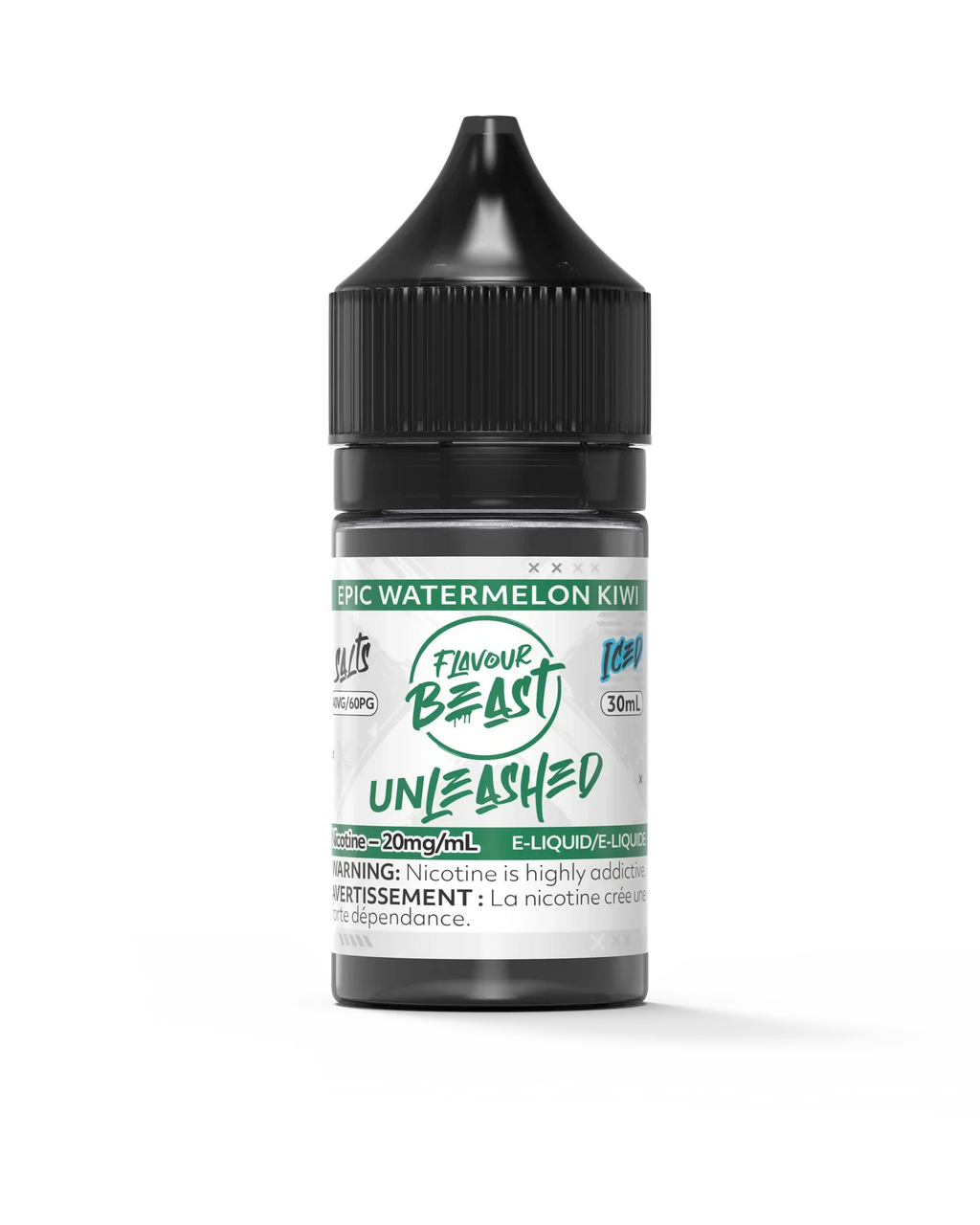 Flavour Beast Unleashed Salt Epic Watermelon Kiwi 30ml e-liquid bottle with black cap and green label.