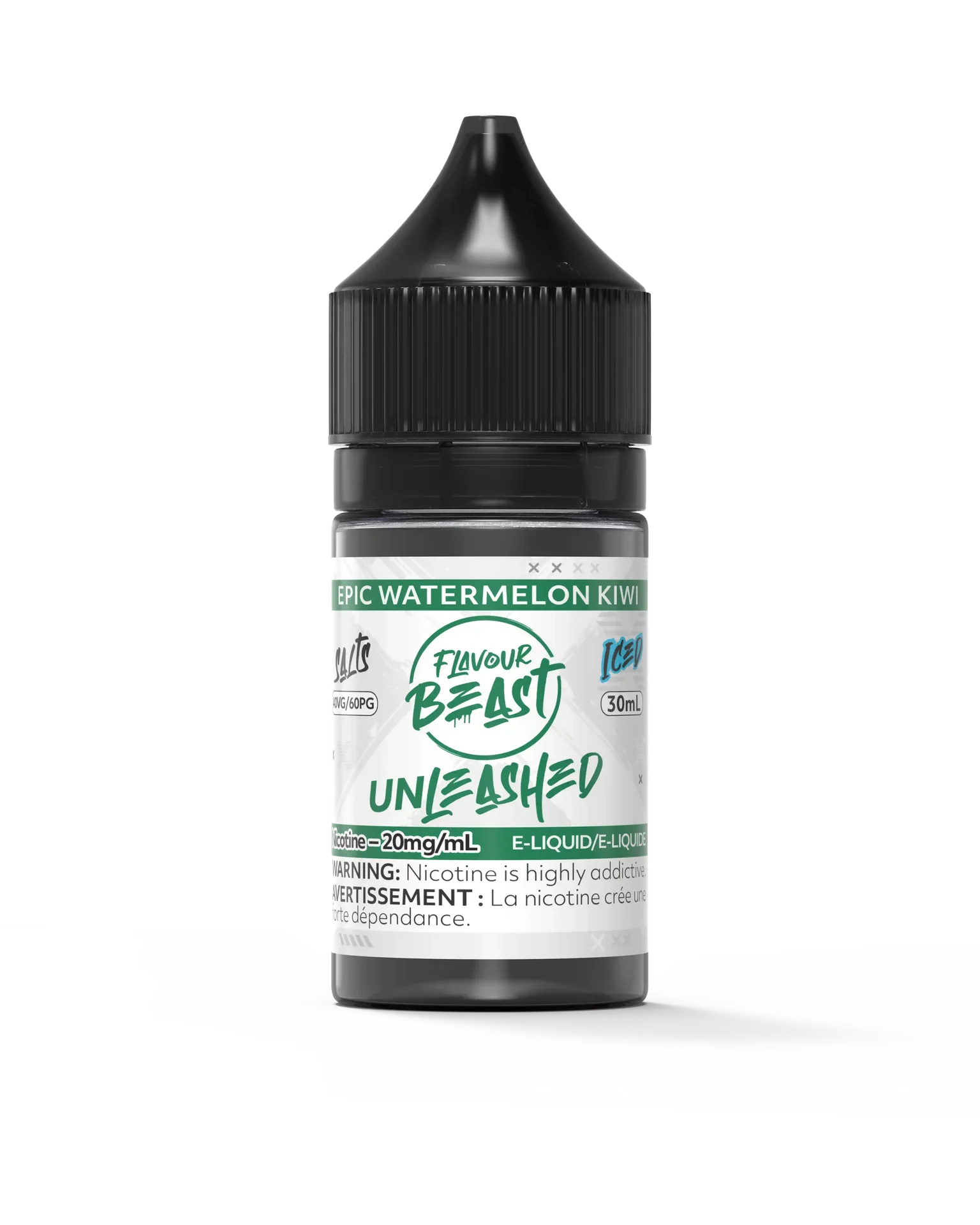 Flavour Beast Unleashed Salt Epic Watermelon Kiwi 30ml e-liquid bottle with black cap and green label.