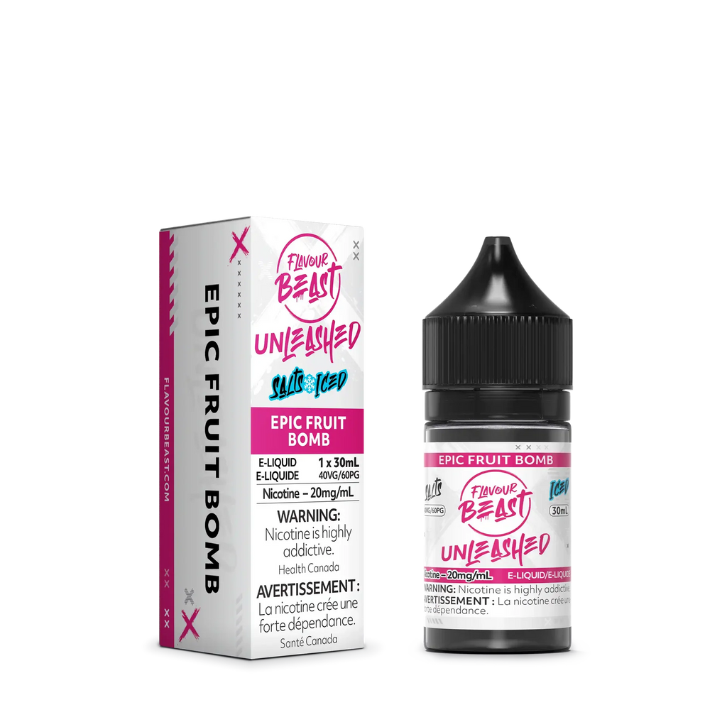 Flavour Beast Unleashed Salt Epic Fruit Bomb 30ml e-liquid bottle and matching pink/white box.