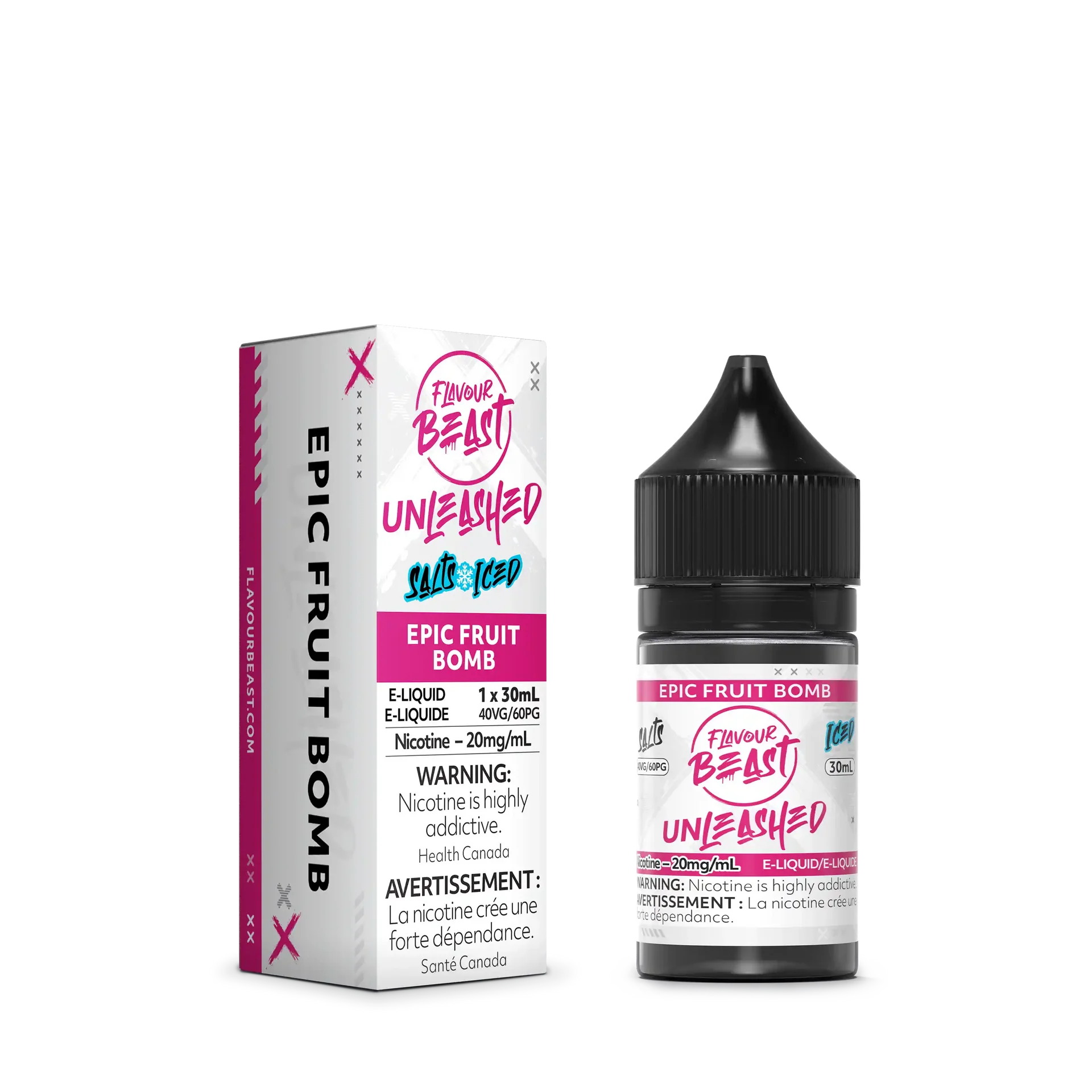 Flavour Beast Unleashed Salt Epic Fruit Bomb 30ml e-liquid bottle and matching pink/white box.