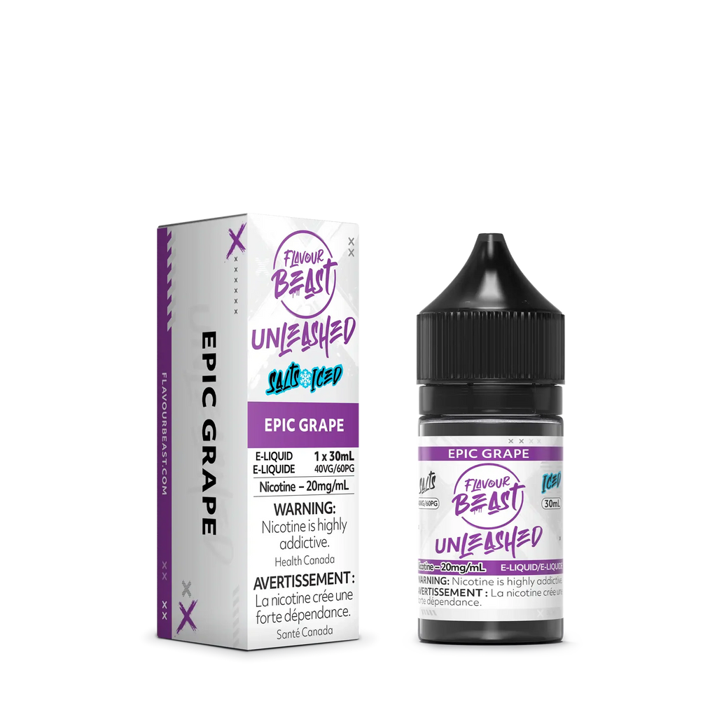 Flavour Beast Unleashed Salt Epic Grape e-liquid box and 30ml bottle with purple accents.