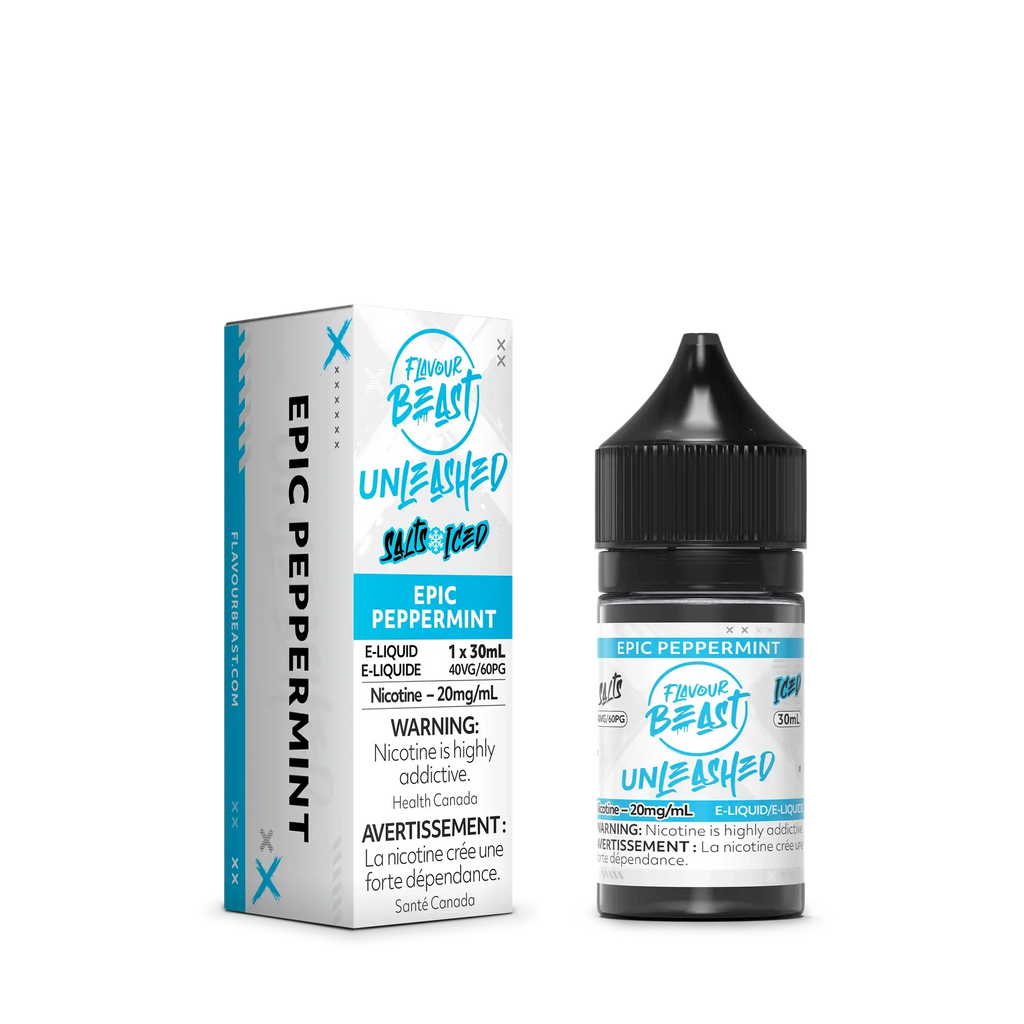 White and teal Flavour Beast Unleashed Epic Peppermint 30ml e-liquid bottle and matching box.