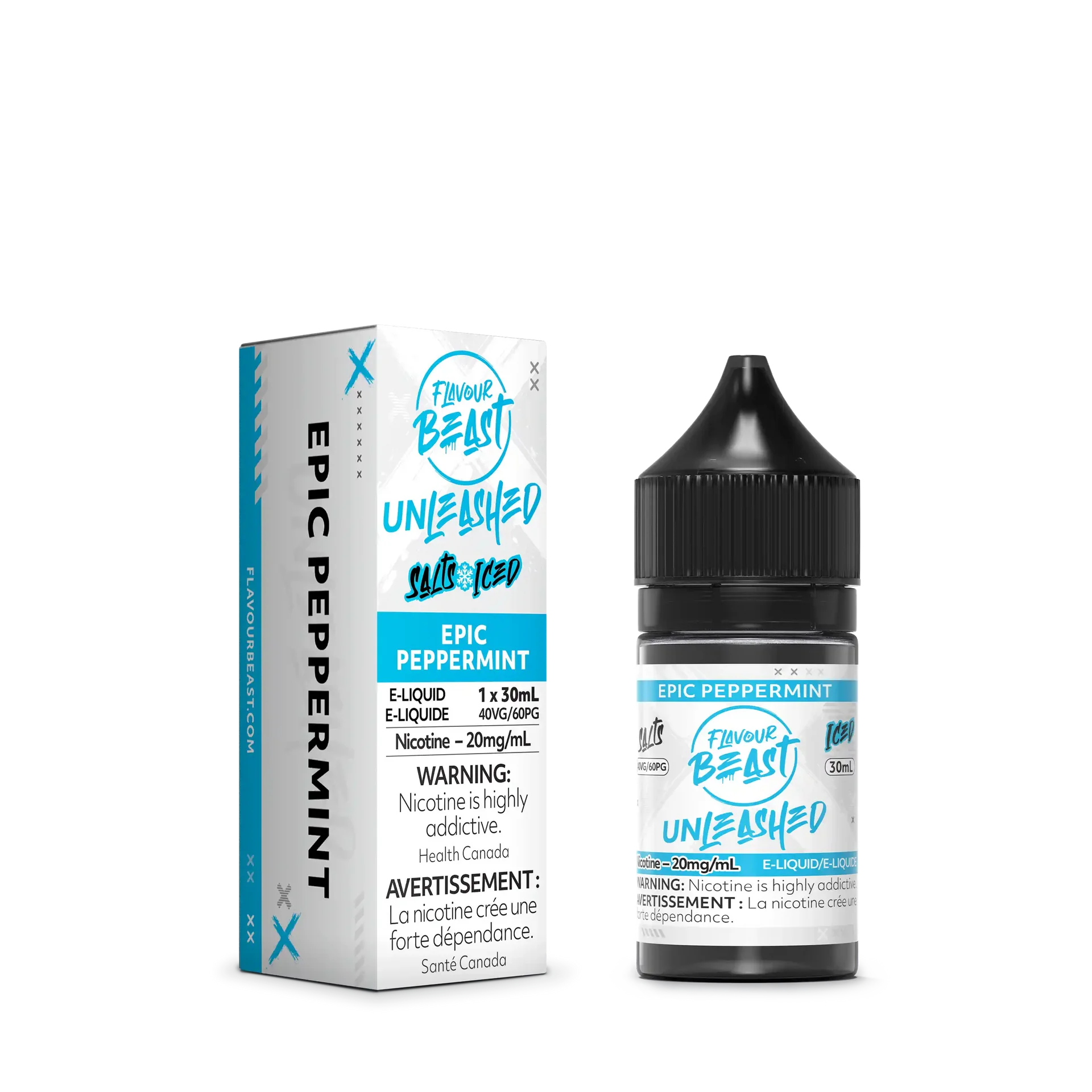 White and teal Flavour Beast Unleashed Epic Peppermint 30ml e-liquid bottle and matching box.