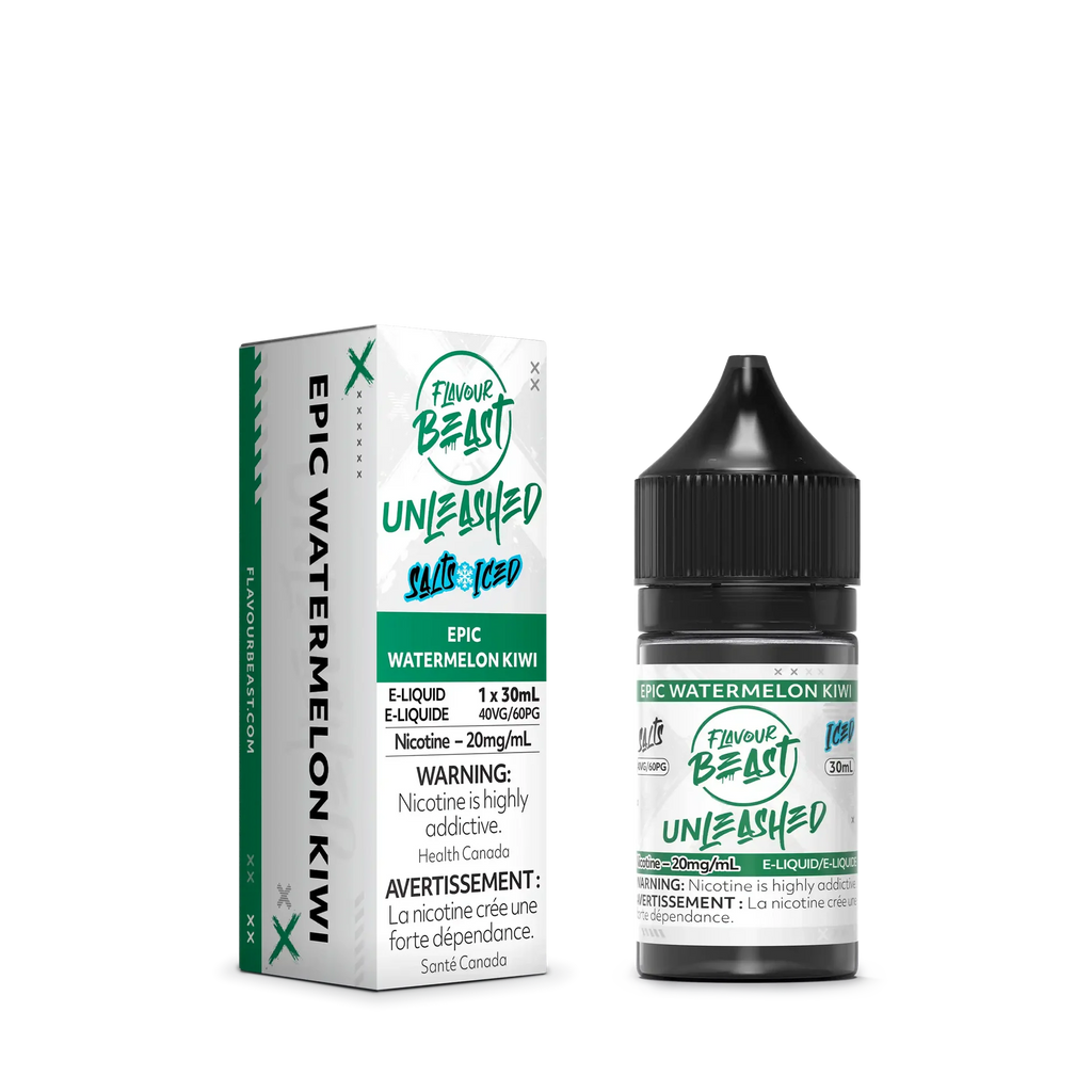 Flavour Beast Unleashed Salt Epic Watermelon Kiwi 30ml e-liquid bottle and matching white and green box.