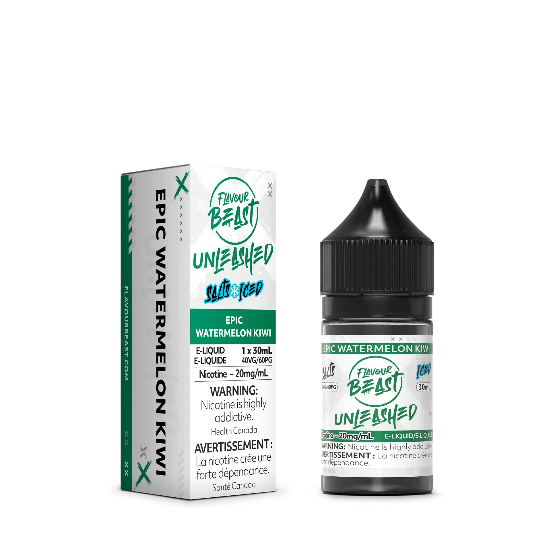 Flavour Beast Unleashed Salt Epic Watermelon Kiwi 30ml e-liquid bottle and matching white and green box.