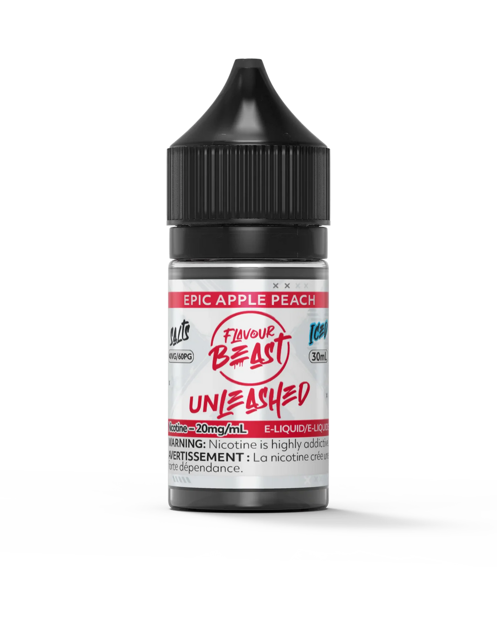 Flavour Beast Unleashed Epic Apple Peach 30ml e-liquid bottle with black cap and red label.