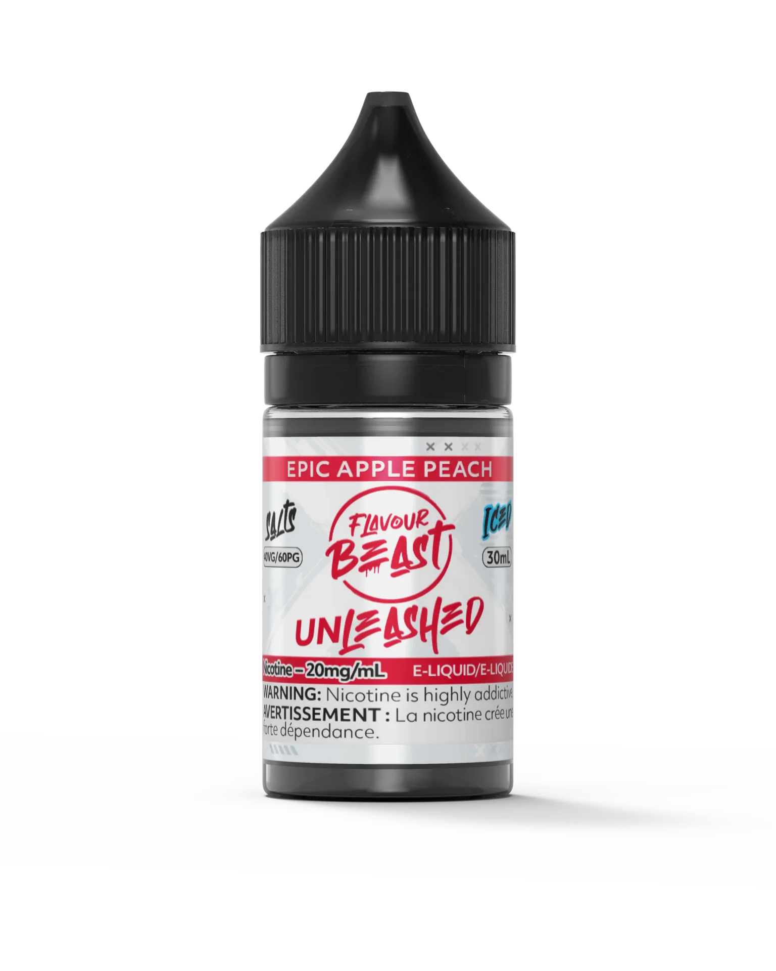 Flavour Beast Unleashed Epic Apple Peach 30ml e-liquid bottle with black cap and red label.