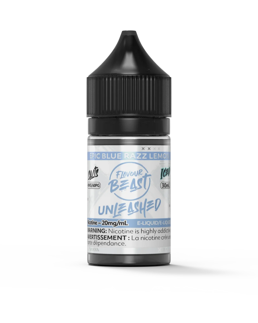 30ml Flavour Beast Unleashed Salt e-liquid bottle with black cap, blue razz lemon label.