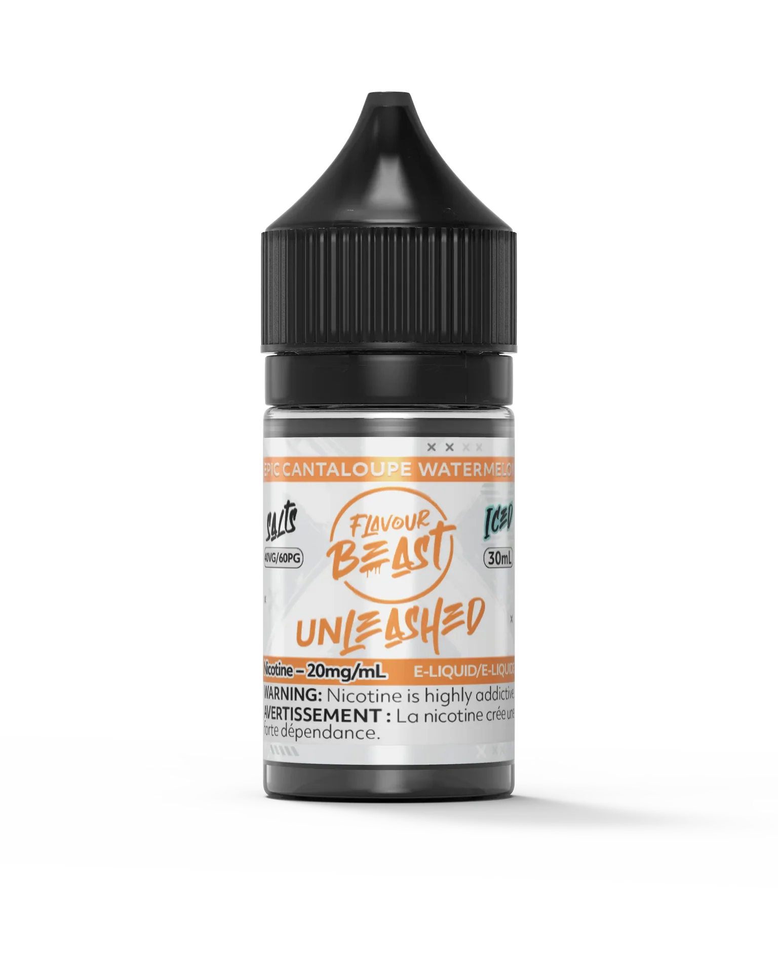 30ml Flavour Beast Unleashed Salt e-liquid bottle with black cap, white label, and orange accents.