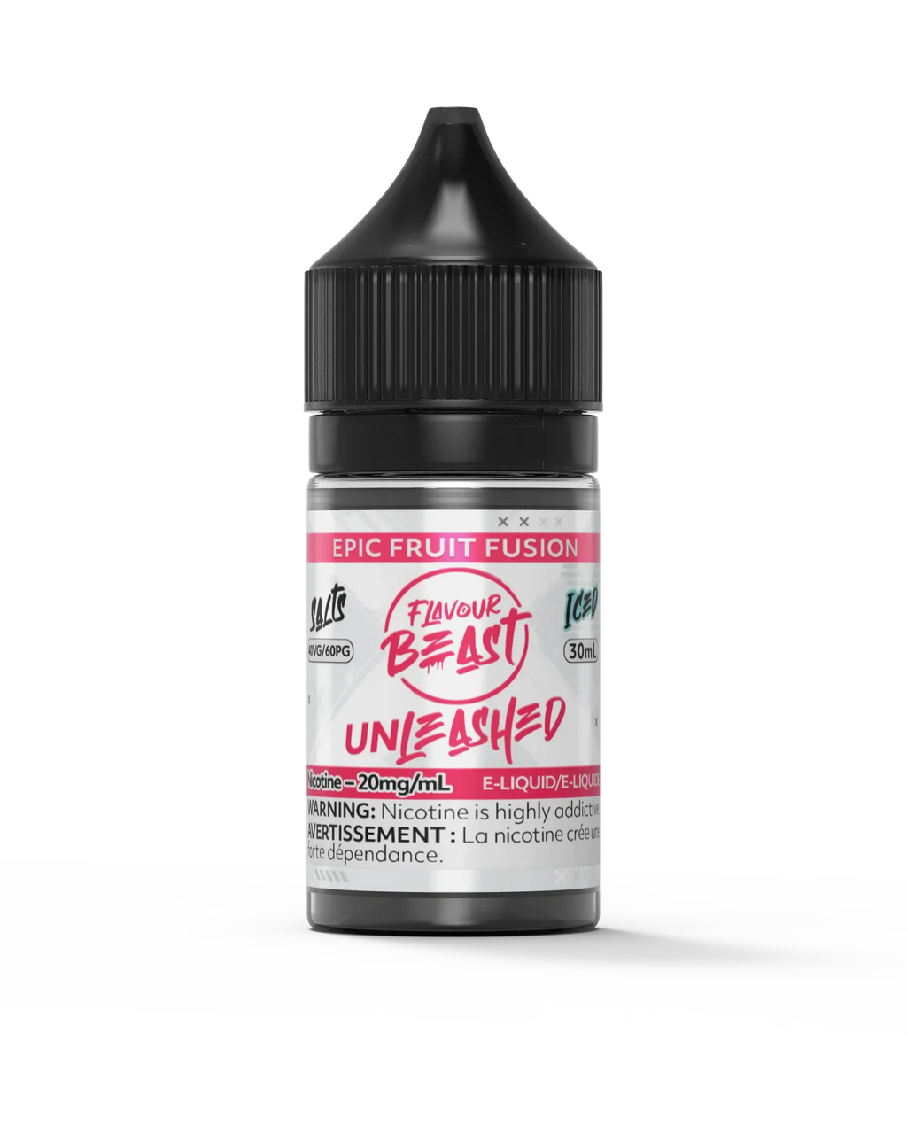 Flavour Beast Unleashed Salt Epic Fruit Fusion 30ml e-liquid bottle with black cap and pink label.