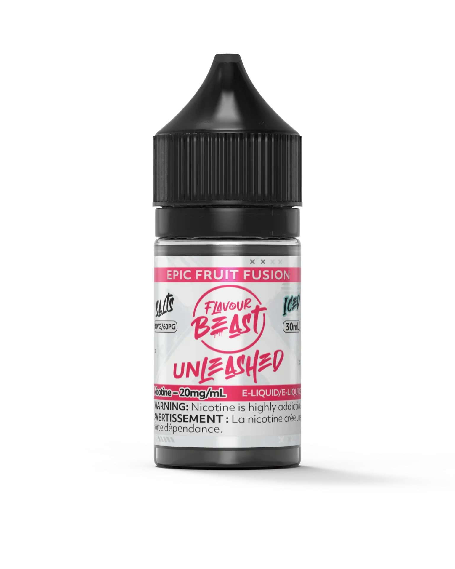 Flavour Beast Unleashed Salt Epic Fruit Fusion 30ml e-liquid bottle with black cap and pink label.
