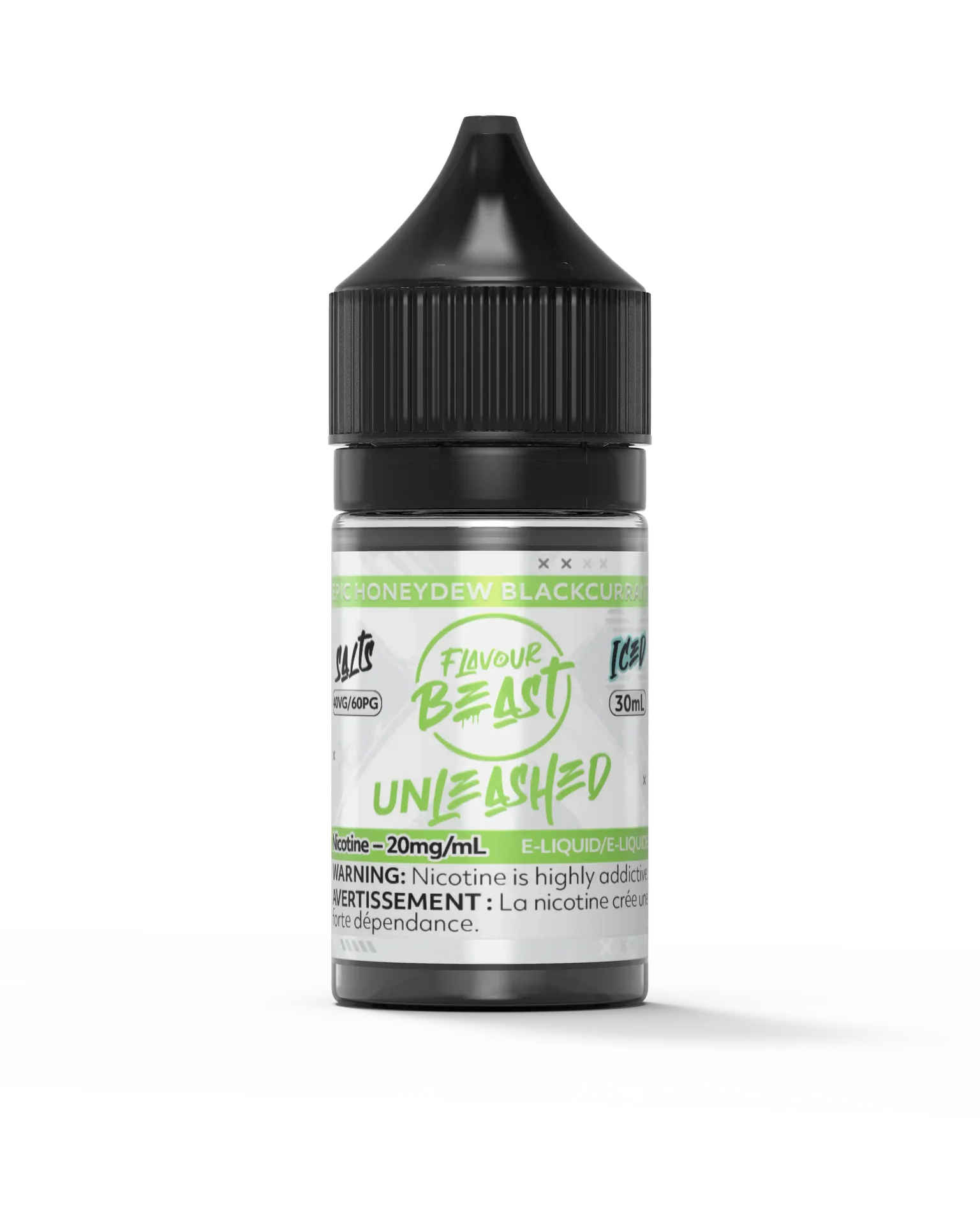 Flavour Beast Unleashed Salt Epic Honeydew Blackcurrant 30ml e-liquid bottle with black cap and green label.