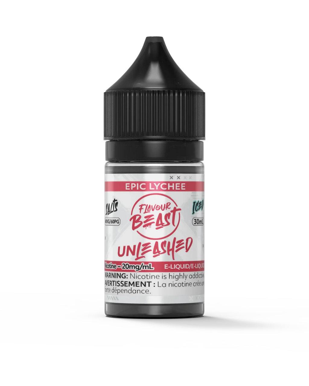 Flavour Beast Unleashed Salt Epic Lychee 30ml vape juice bottle with black cap and red/white label.