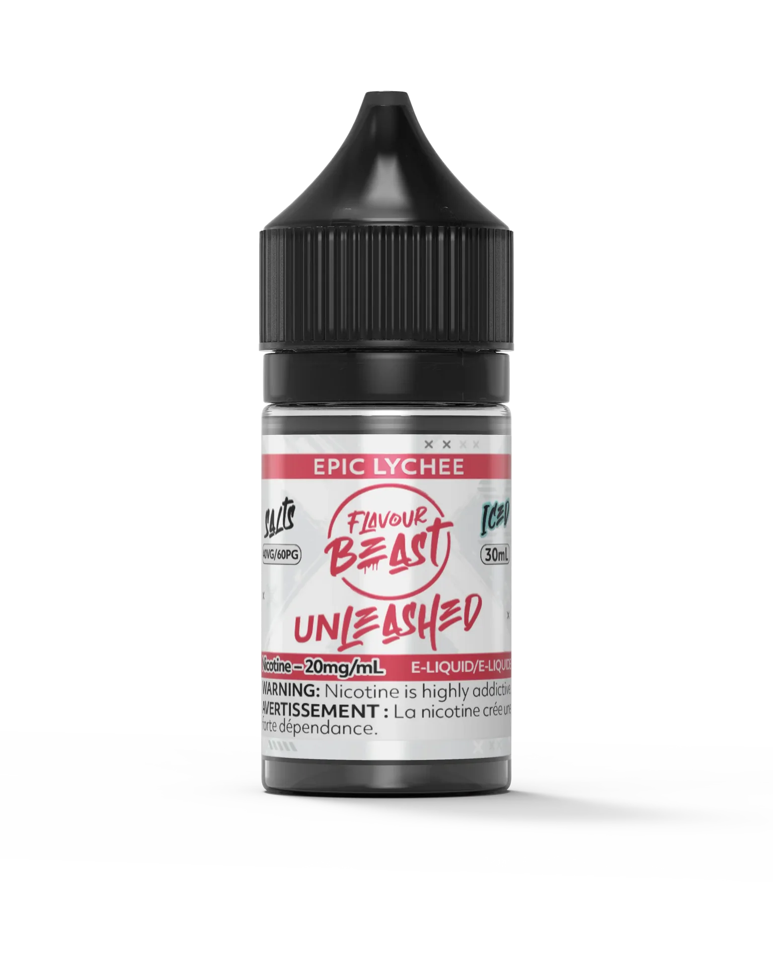 Flavour Beast Unleashed Salt Epic Lychee 30ml vape juice bottle with black cap and red/white label.